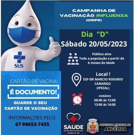 Sábado (20) é dia de vacinação contra a gripe em Angélica e Ipezal.Sábado (20) é dia de vacinação contra a gripe em Angélica e Ipezal.