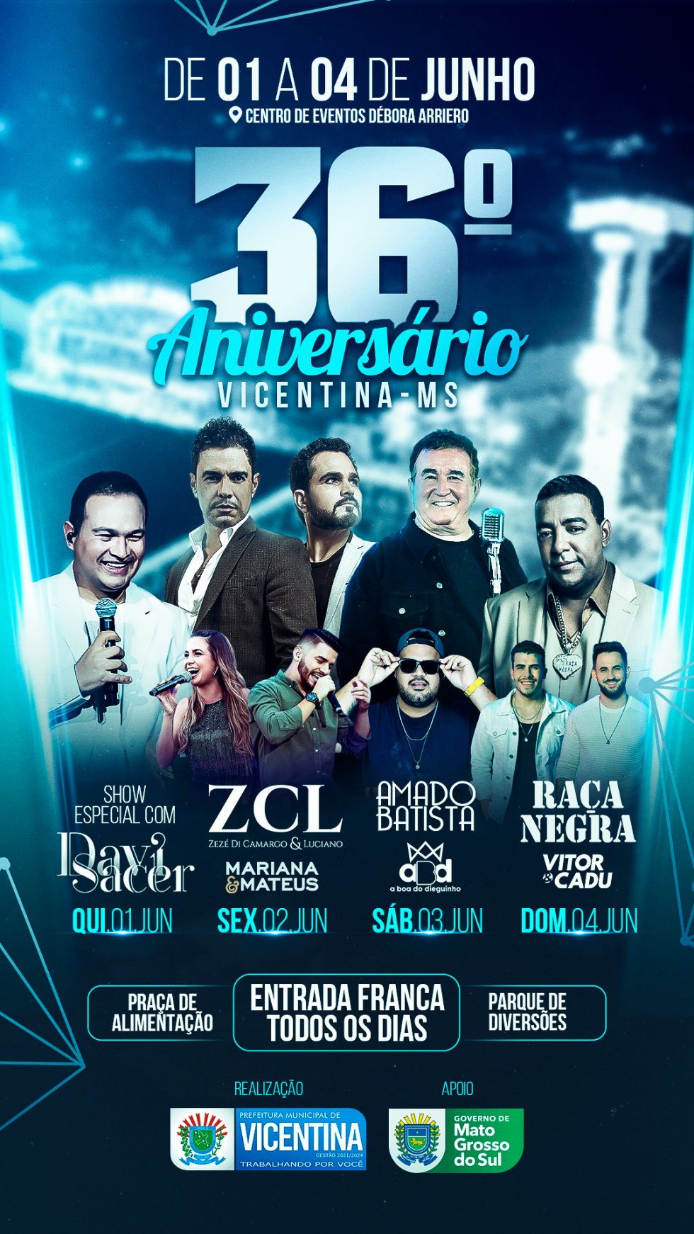 Vicentina terá shows com Zezé de Camargo e Luciano, Amado Batista e Raça Negra em junho 