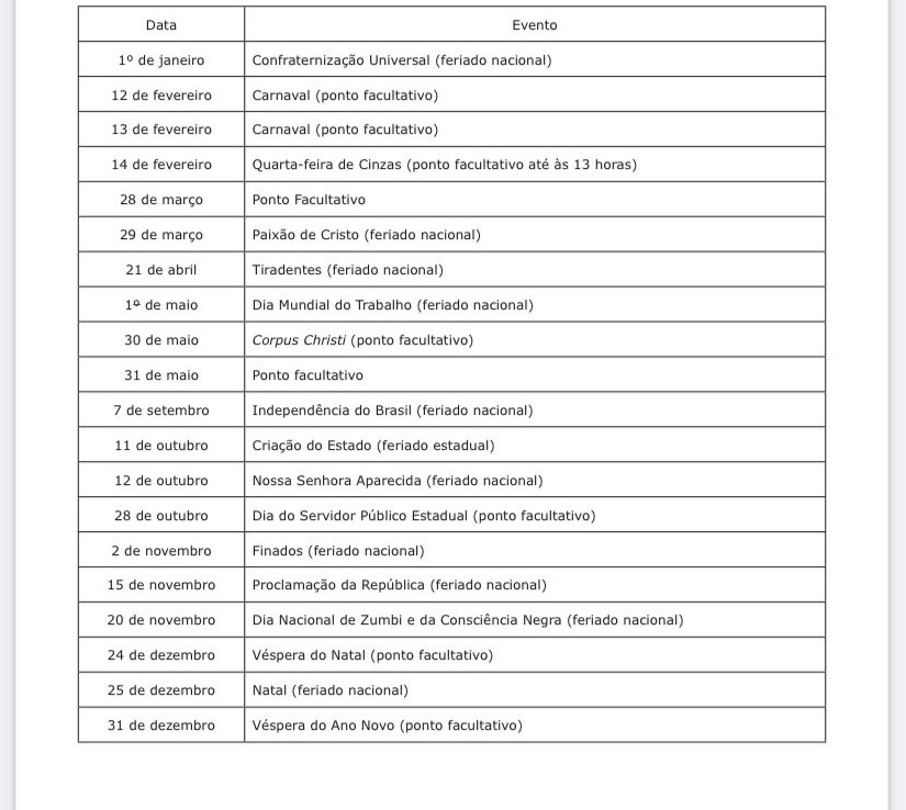 Governo de MS divulga calendário de feriados e pontos facultativos em 2024