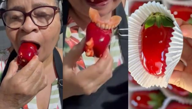  Dona quase perde a dentadura ao comer morango do amor