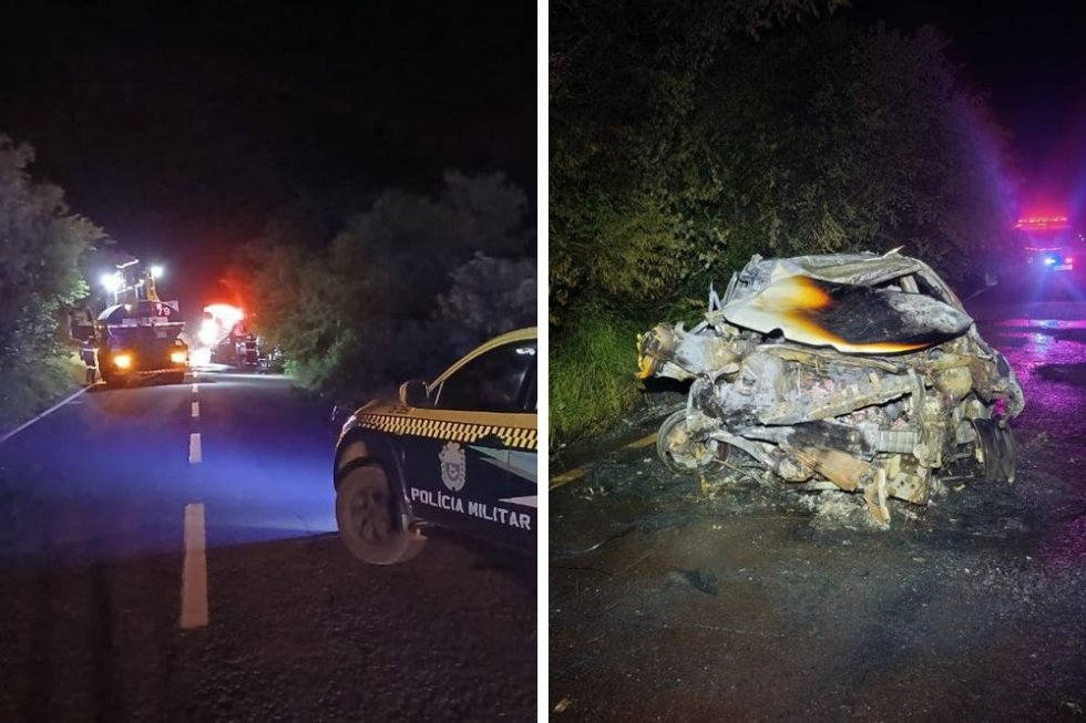 DEODÁPOLIS: Carro ficou destruído após sair da pista seguida de incêndio na MS-145