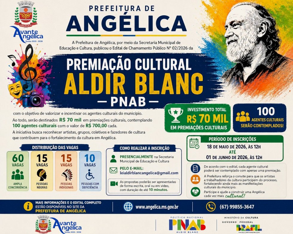 Prefeitura de Angélica abre inscrições para Premiação Cultural Aldir Blanc – PNAB