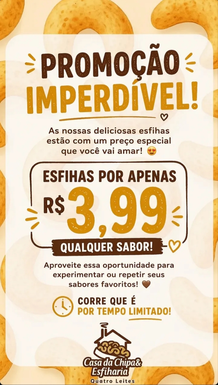Casa da Chipa & Esfiharia lança promoção especial com esfihas por apenas R$ 3,99
