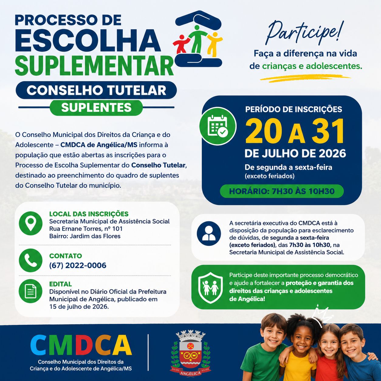 CMDCA de Angélica abre inscrições para Processo de Escolha Suplementar de suplentes do Conselho Tutelar