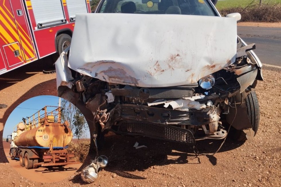 IVINHEMA: Motorista fica ferida após colisão entre carro e caminhão-pipa na BR-376