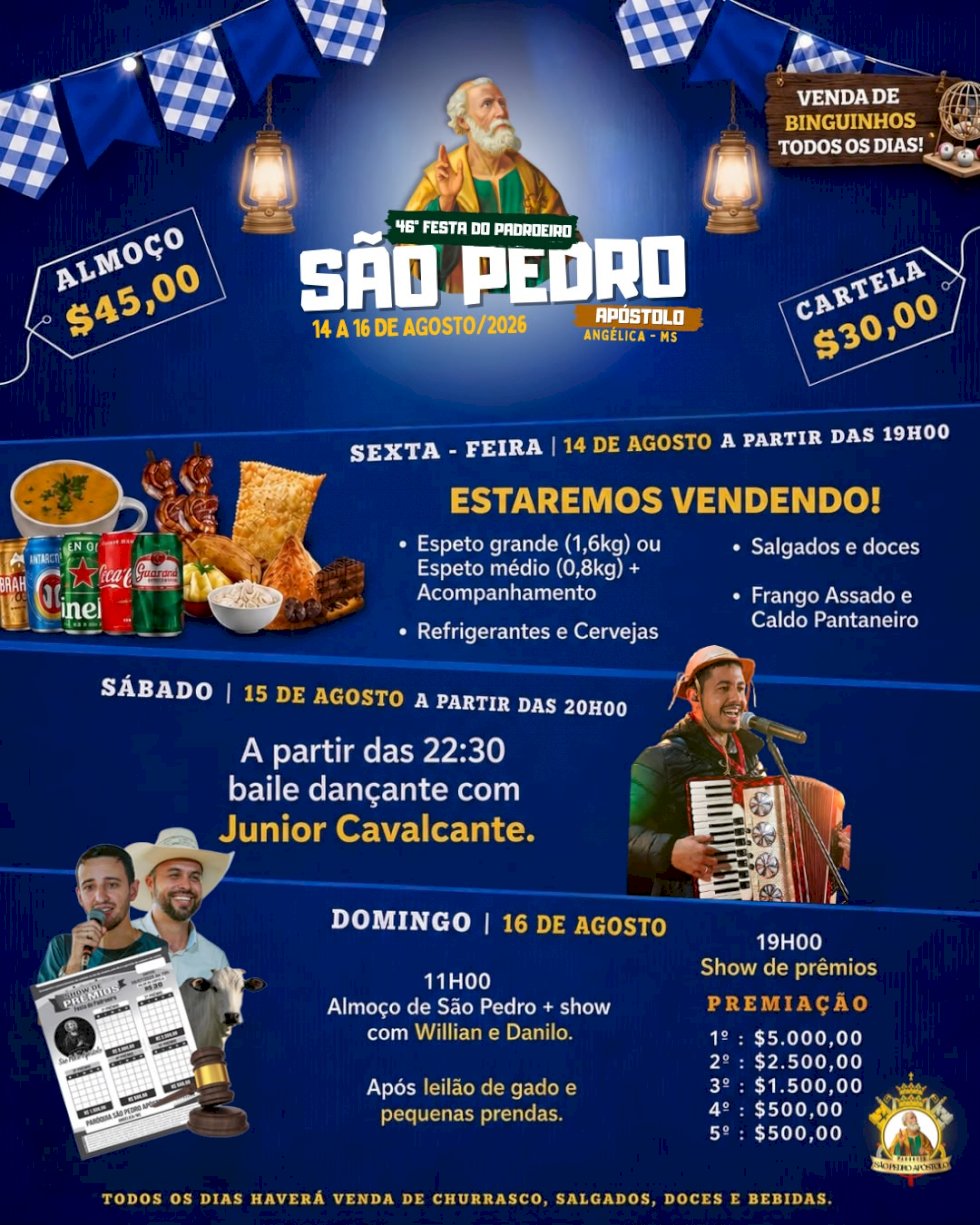 Angélica: 46ª Festa do Padroeiro São Pedro Apóstolo terá música, almoço, leilão, comidas e Show de Prêmios