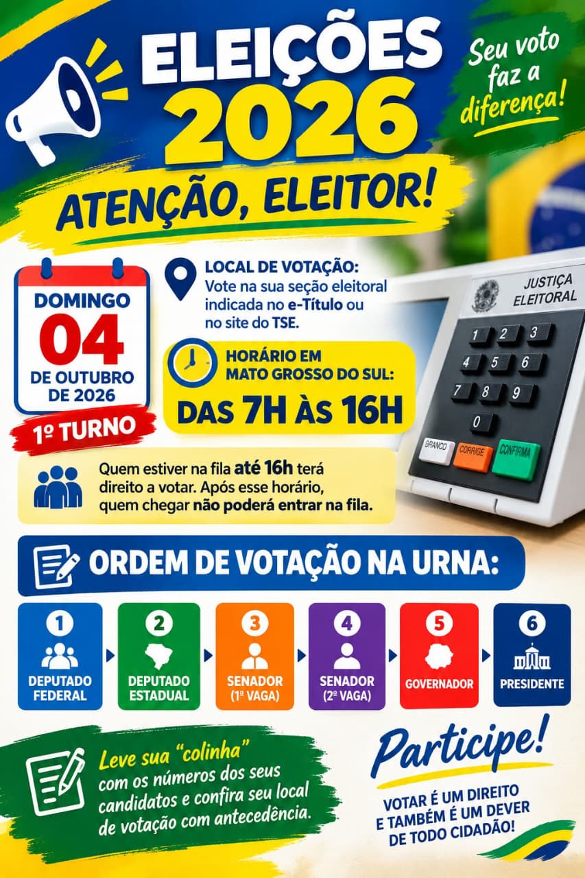Eleições 2026: Justiça Eleitoral divulga horários e locais de votação em Angélica e Ipezal